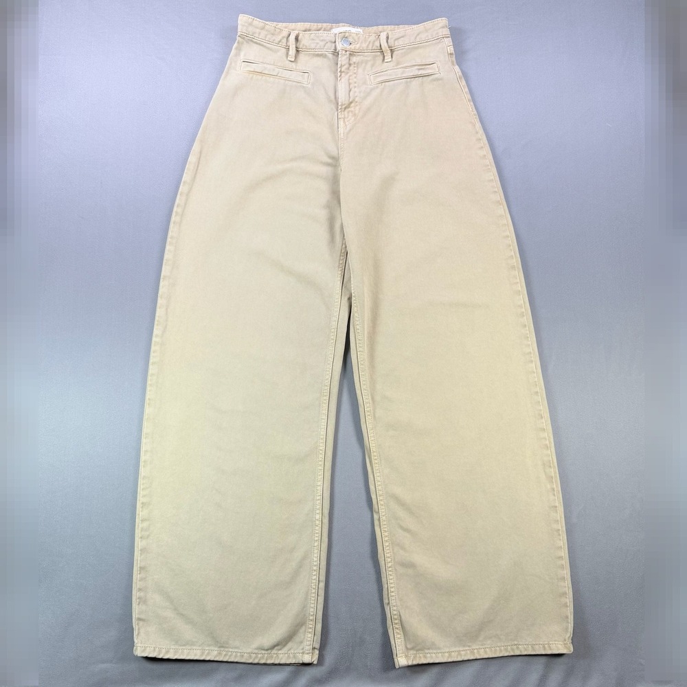 MNG Mango Woman Size 6 Tan 100% Cotton Wide Leg High Rise Khaki Trouser Pants